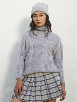 Campus Sutra - Womens Moon Grey Cable Knit Sweater