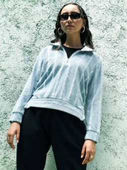 Campus Sutra - Womens Iceberg Blue Textured Self-Design Striped Sweatshirt