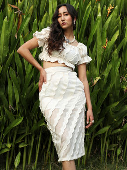 PINACOLADA - Womens Ivory White Self-Design Cropped Co-Ord (Set of 2)