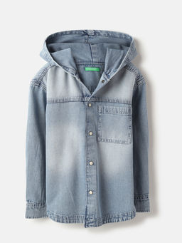 United Colors of Benetton - Blue Boxy Fit Hooded Solid Denim Shirt