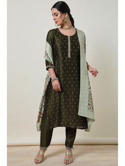 Soch - Womens Olive Zari Embroidered Silk Blend Kurta with Pant & Dupatta (Set of 3)