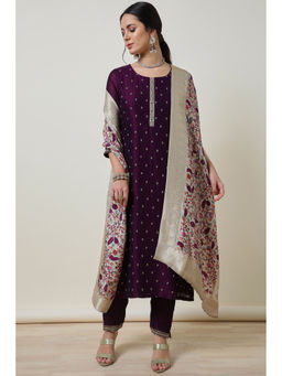 Soch - Womens Wine Zari Embroidered Silk Blend Kurta with Pant & Dupatta (Set of 3)