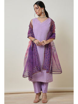 Soch - Womens Purple Georgette Floral Embroidered Kurta with Pant & Dupatta (Set of 3)