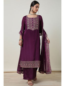 Soch - Womens Wine Yoke Embroidered Chinon Blend Kurta with Palazzo & Dupatta (Set of 3)