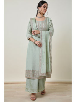 Soch - Womens Sap Green Thread Embroidered Chinon Blend Kurta with Palazzo & Dupatta (Set of 3)