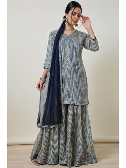 Soch - Womens Blue Chanderi Print Kurta with Sharara & Dupatta (Set of 3)