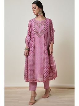 Soch - Womens Pink Botanical Print Viscose Blend Kurta with Pant & Dupatta (Set of 3)