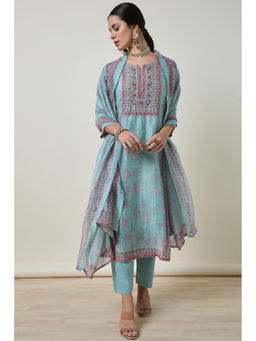 Soch - Womens Powder Blue Viscose Blend Botanical Print Kurta with Pant & Dupatta (Set of 3)