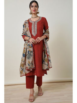 Soch - Womens Red Bandhani Print Cotton Kurta with Pant & Dupatta (Set of 3)