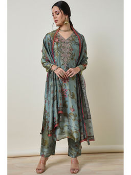 Soch - Womens Sap Green Tissue Botanical Print Kurta with Pant & Dupatta (Set of 3)