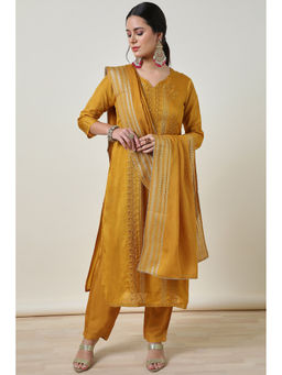 Soch - Womens Mustard Embroidered Viscose Blend Kurta with Pant & Dupatta (Set of 3)