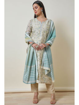 Soch - Womens Beige Chanderi Botanical Print Kurta with Pant & Dupatta (Set of 3)