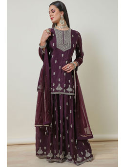 Soch - Womens Wine Zari Embroidered Kurta with Palazzo & Dupatta (Set of 3)
