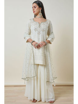 Soch - Womens Cream Embroidered Georgette Kurta with Sharara & Dupatta (Set of 3)