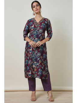 Soch - Womens Multi-Color Botanical Print Muslin Blend Kurta with Pant (Set of 2)
