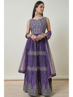 Soch - Womens Purple Zari Embroidered Chinon Blend Gown with Churidar & Dupatta (Set of 3)