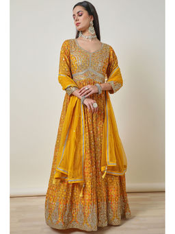 Soch - Womens Mustard Floral Chinon Blend Alia Cut Gown with Churidar & Dupatta (Set of 3)