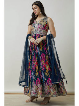 Soch - Chinon Blend Floral Print Anarkali Gown & Churidar with Dupatta (Set of 3)