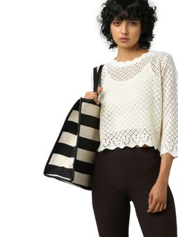 ONLY - Women Self Design Off White Sweater