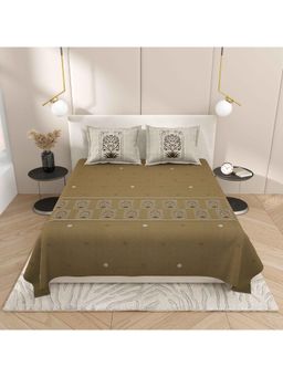 Indra's - Olive Floral Cotton Bedsheet with 2 Pillow Covers (King)