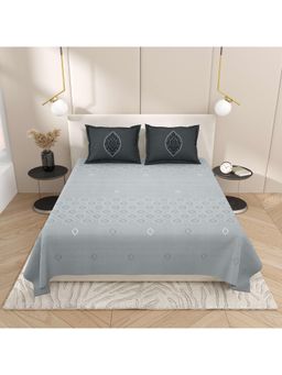 Indra's - Grey Floral Cotton Bedsheet with 2 Pillow Covers (King)