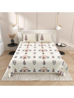 Indra's - Beige Floral Cotton Bedsheet with 2 Pillow Covers (King)