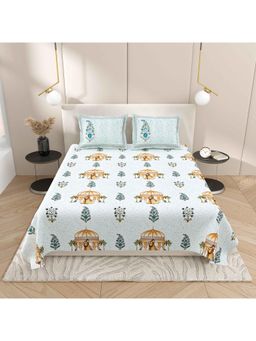 Indra's - Blue Floral Cotton Bedsheet with 2 Pillow Covers (King)