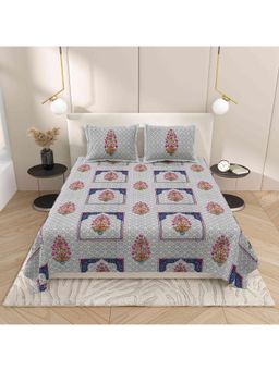 Indra's - Blue Floral Cotton Bedsheet with 2 Pillow Covers (King)
