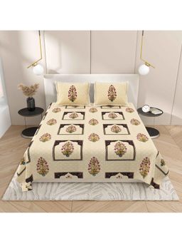 Indra's - Yellow Floral Cotton Bedsheet with 2 Pillow Covers (King)