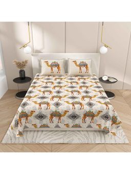 Indra's - Yellow Graphic Cotton Bedsheet with 2 Pillow Covers (King)