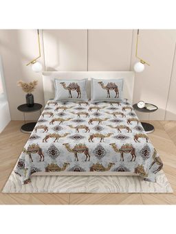 Indra's - Grey Graphic Cotton Bedsheet with 2 Pillow Covers (King)