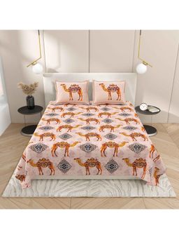 Indra's - Pink Graphic Cotton Bedsheet with 2 Pillow Covers (King)