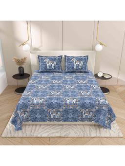 Indra's - Blue Cotton Bedsheet with 2 Pillow Covers (King)