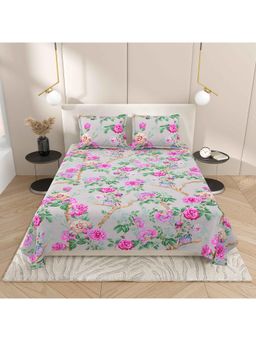 Indra's - Pink-Grey Bedsheet with 2 Pillow Covers (Double)