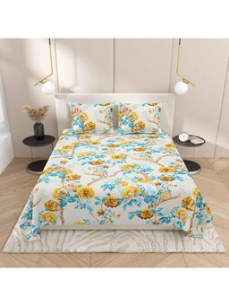 Indra's - Yellow-Blue Floral Bedsheet with 2 Pillow Covers (Double)