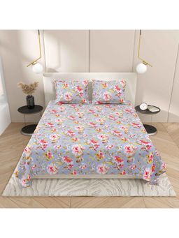 Indra's - Blue Floral Viscose Cotton Bedsheet with 2 Pillow Covers (Double)