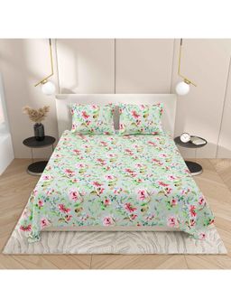 Indra's - Sea Green Floral Viscose Cotton Bedsheet with 2 Pillow Covers (Double)