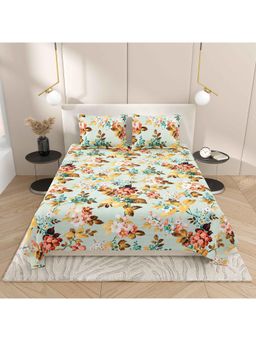 Indra's - Green Floral Bedsheet with 2 Pillow Covers (Double)