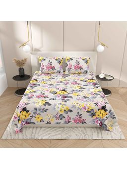 Indra's - Grey Floral Viscose Cotton Bedsheet with 2 Pillow Covers (Double)