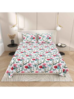 Indra's - Red-Green Floral Bedsheet with 2 Pillow Covers (Double)