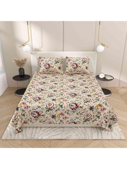 Indra's - Beige Floral Bedsheet with 2 Pillow Covers (Double)