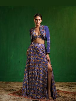 AHI Clothing - Blue Patola Printed Indo Lehenga Blouse With Jacket