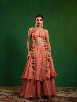 AHI Clothing - Peach Pink Tissue Layered Lehenga With Blouse