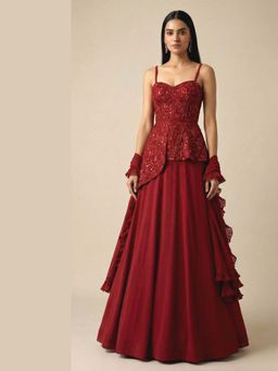 Ellemora - Wine And Roses Lehenga With Topand Dupatta