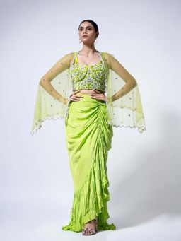 Ellemora - Green Drape Lehenga And Top With Cape