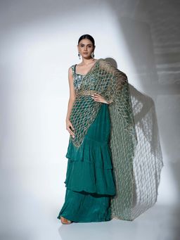 Ellemora - Green Glimmer Thread Work Drape Lehenga And Top