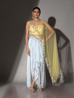 Ellemora - Powder Blue Embroidered Blouse And Drape Lehenga