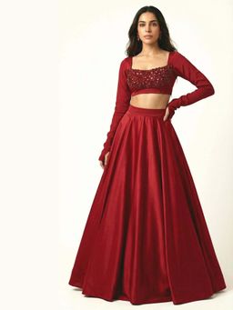 Ellemora - Red Radiance Silk Thread Work Blouse And Lehenga