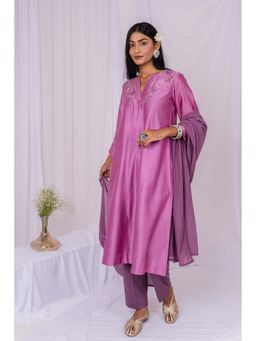 Mushio - Lilac Floral Embroidered Chanderi Kurta Set(Set Of3)