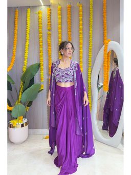 SURKH SYAHI - Women's Zaira Crepe Purple Skirt With Blouse And Cape